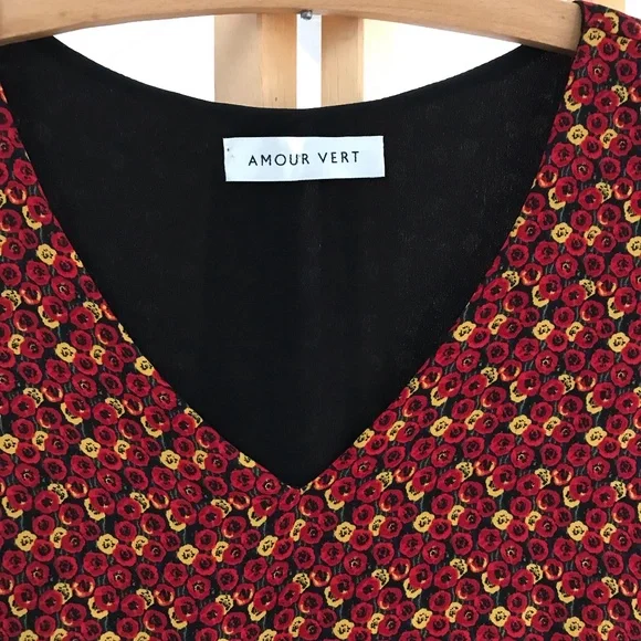 NWT AMOUR VERT sz S floral long sleeve dress red yellow floral lettuce edge - Picture 2 of 11